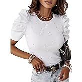 Remidoo Women Pearl Top Puff Sleeve Tops Elegant Short Sleeve T Shirt Crewneck Fitted Rib Knit Tee