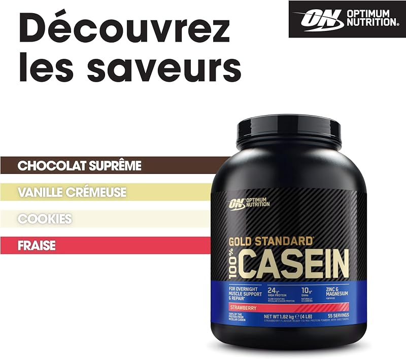 Gold Standard 100% Protéine de Caséine en Poudre, Goût Fraise, 1.82kg, 55 Doses