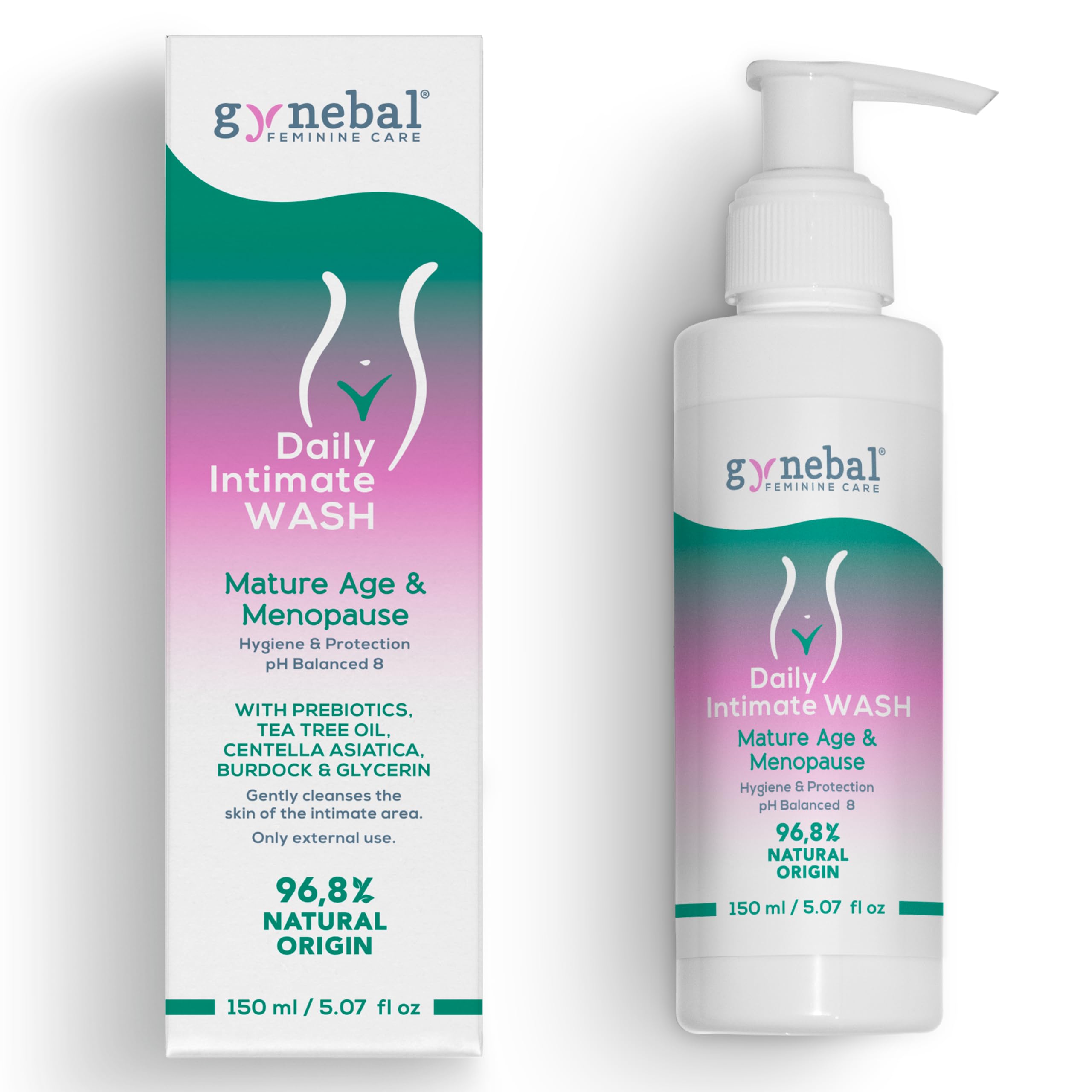 GYNEBAL Intimate wash Women Gel for Ladies in Menopause - Purifying, Moisturising, Prevent Feminine Dryness - With PREBIOTICS for Balance and Healthy Flora - PH 8-150 ml