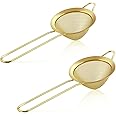 Fine Mesh Strainer Set of 2, E-far 3.3 Inches Stainless Steel Tea Strainer with Long Handle, Small Conical Mesh Strainers Sieve for Cocktail Coffee Food, Rust Proof & Easy to Clean(Gold)
