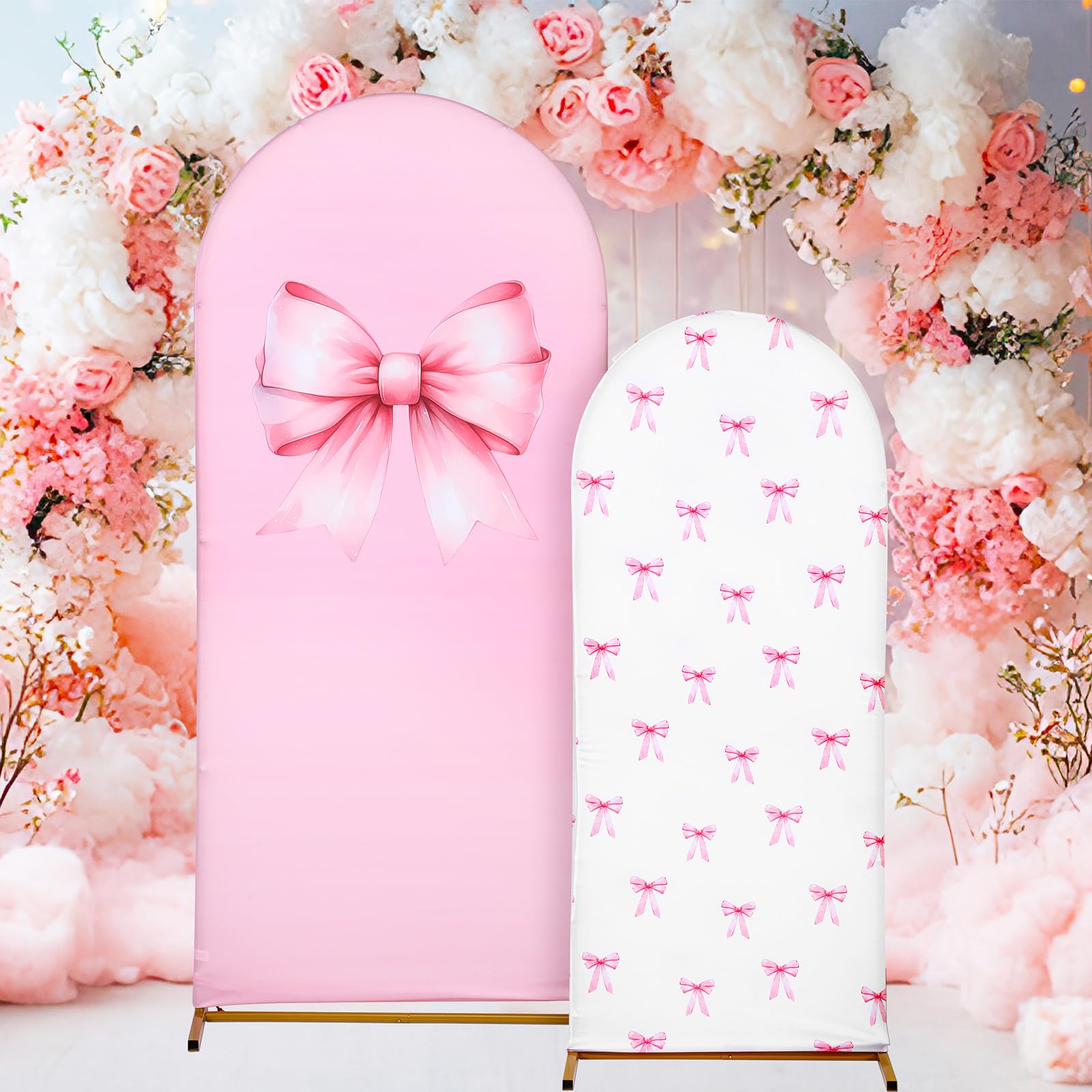 Photo 1 of Leinuosen Set of 2 Pink Bow Arch Backdrop Cover 5FT and 6FT Pink Arch Backdrop Cover Wedding Stand for Coquette Bow Party Wedding Bridal Shower Party Decorations