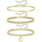 FOSIR Gold Initial Ankle Bracelets for Women, 14k Gold Plated Surgical Stainless Steel Anklets for Women 3Pcs Waterproof Layered Cuban Link Herringbone Anklets Set