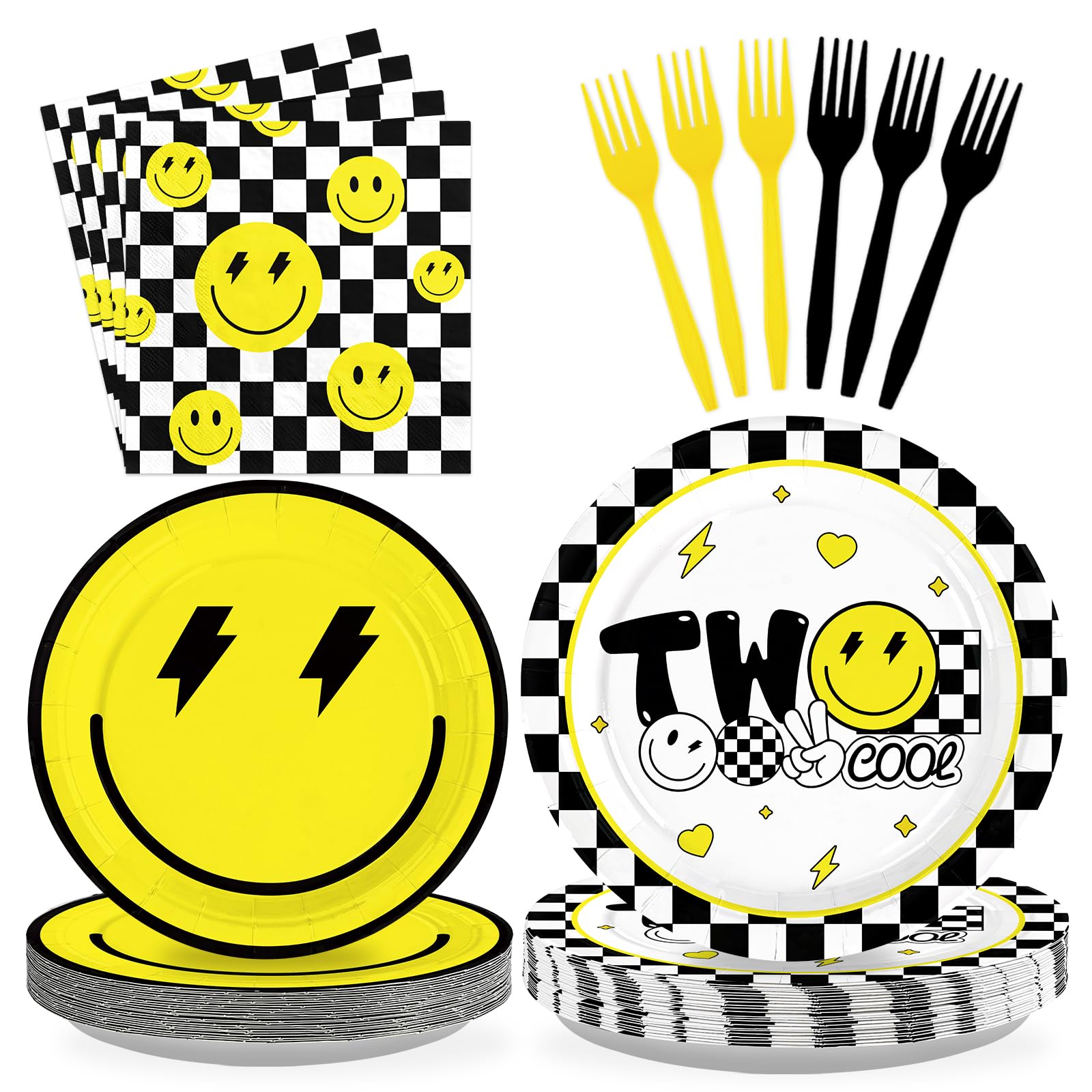 Photo 1 of 96 Pcs Two Cool Dude Birthday Party Decorations 350 GSM 2nd Birthday Party Supplies Tableware Set for Two Year Old Happy Dude Yellow Black Lightening Checkered Party Baby Shower Decor Serves 24 Guests