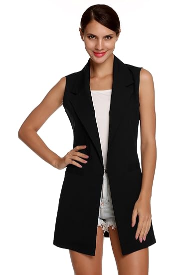 Meaneor Damen Lang Weste Ärmellos Jacke Dünn Mantel mit Taschen Reverskragen