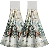 Giwawa Winter Deers Kitchen Hand Towels Set of 2, Xmas Trees Gold Snowflakes Hanging Tie Towel, Elk Moose Wildlife Dish Tea Bar Loop Hook Towel Washcloth for Bathroom Laundry Room Decor