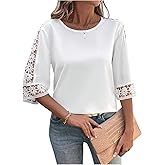 SweatyRocks Women's Crewneck 3/4 Length Sleeve Tops Floral Lace Splice Blouses Shirts