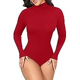 GEMBERA Womens Stretchy Long Sleeve Turtleneck Ribbed Knit Fitted Basic Bodysuit Shirt