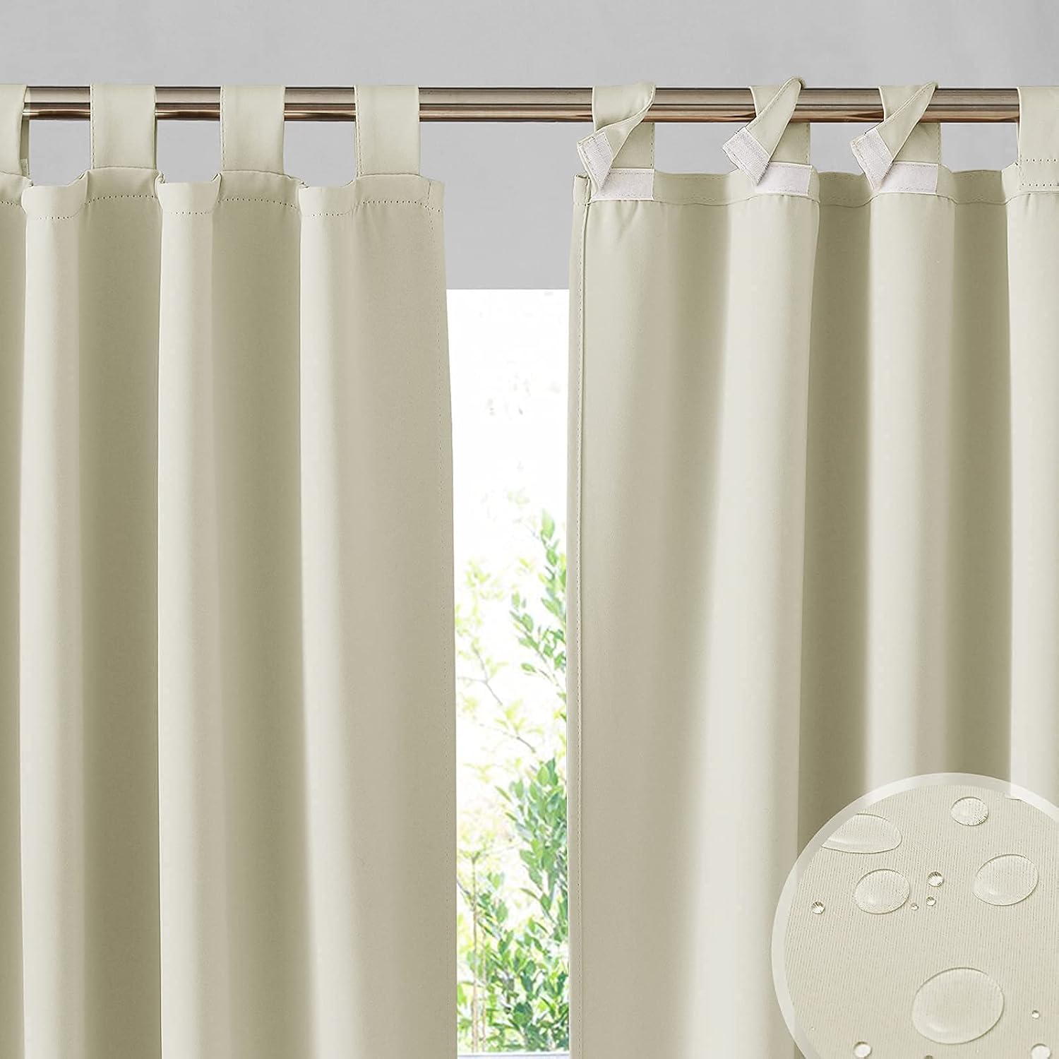 Outdoor Curtains - RYB HOME Porch Curtains Outdoor Waterproof 2 Panels - Detachable Top Waterproof Outdoor Blackout Curtains Drapes for Porch Pergola Gezebo Cabana Sun Room Deck, Light Beige, W52 x L84 inch