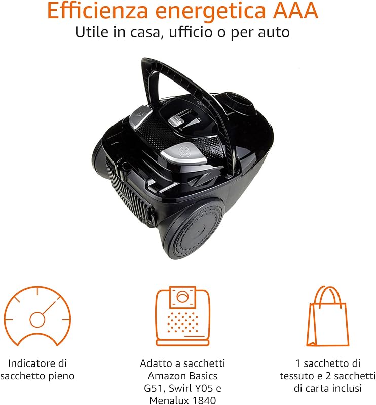 Aspirapolvere con sacchetto, potente, compatto e leggero, per pavimenti duri e moquette, filtro HEPA, 700 W, 1,5 l, EU, nero