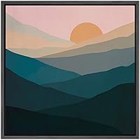 SIGNWIN Framed Canvas Wall Art Orange Sunrise over Yellow, Green and Blue Mountains Landscape Wilderness Illustrations Abstract Modern Scenic Colorful for Living Room, Bedroom, Office - 16