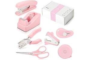 GTOTd Pink Office Supplies Desk Accessories Kit Includes Desktop Staple,Stapler,Single Hole Punch,Tape Dispenser,Stainless Steel Scissors,Small Telescopic Knife and Tape Measure