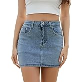 Shestellar Women's Low Rise Denim Mini Skirt, Y2K Vintage Stretchy Bodycon Jean Skirts with Pockets