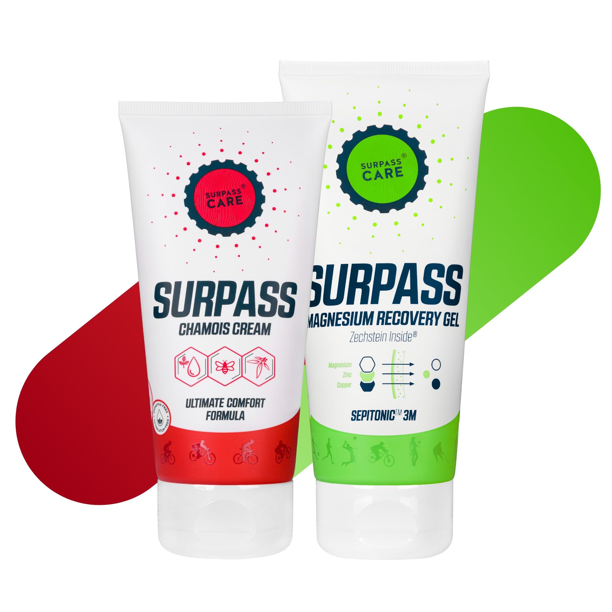 SURPASS Cycling Bundle - Pro Chamois Cream for Cyclists & Magnesium Gel for Muscles, Anti Chafing, Chub Rub, Muscle Recovery for Athletes, Leg Pain Relief After-Ride (200+170ml)