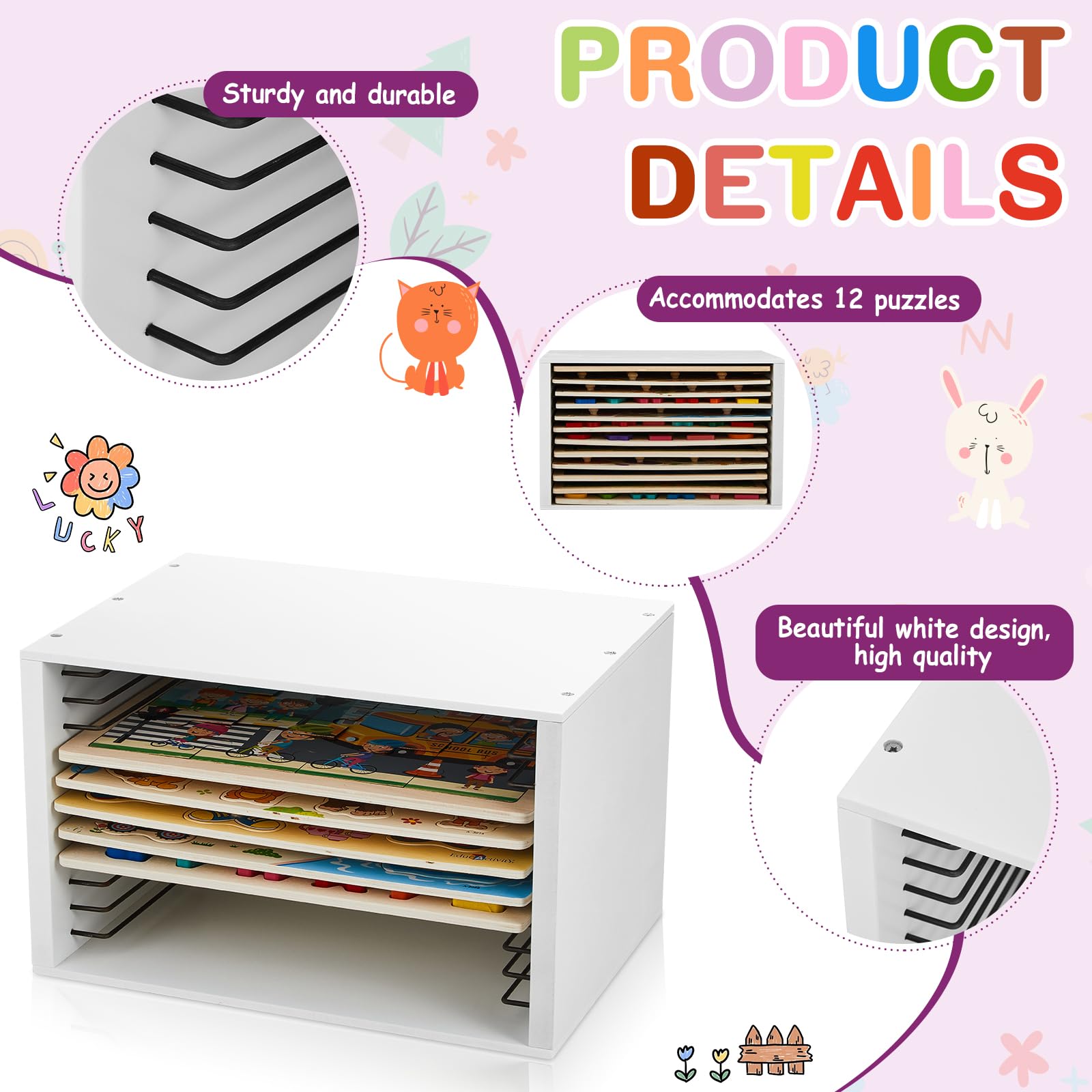 Sintuff Puzzle Holder Rack Wooden Jigsaw Organizer Layered Puzzle Storage Box Shelf Storage Case Holds 12 Puzzles for Craft Collection Lovers Accessories