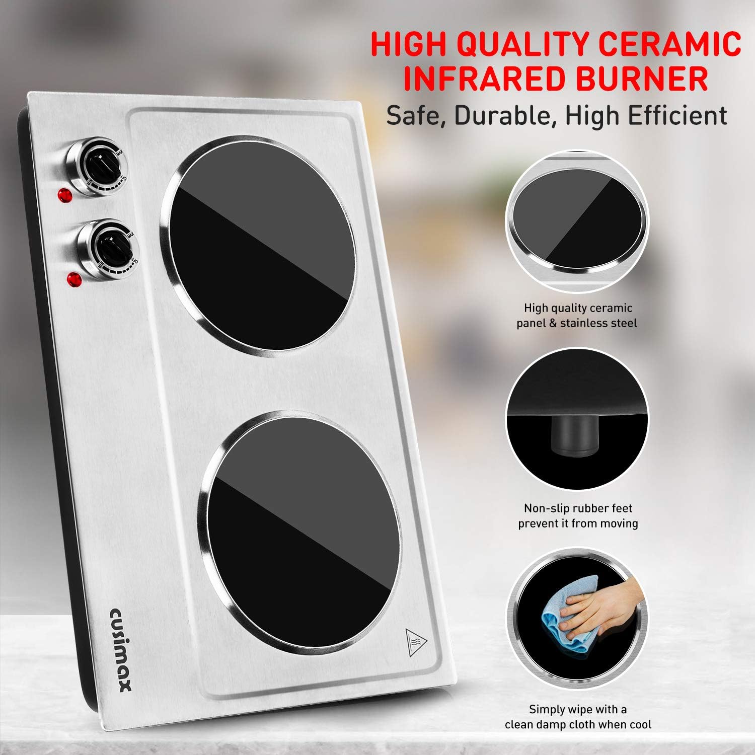 Cusimax Hot Plate, 1800W Ceramic Electric Double Burner for Cooking, Infrared Cooktop, Glass Electric Stove with Adjustable Temperature & Non-Slip Rubber Feet, Stainless Steel Upgraded Version, Compatible w/All Cookware: Kitchen & Dining