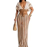 REASERAL Womens Knit 2 Piece Outfits Short Sleeve Hollow Out Top Striped Maxi Skirt Summer Vacation Sets