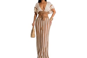 REASERAL Womens Knit 2 Piece Outfits Short Sleeve Hollow Out Top Striped Maxi Skirt Summer Vacation Sets