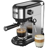 HBN 20 Bar Espresso Machine with Milk Frother, Compact Espresso Maker for Ground Coffee, Stainless Steel Coffee Machine with Steam Wand &amp; 34oz Removable Water Tank, 1450W for Home &amp; Office