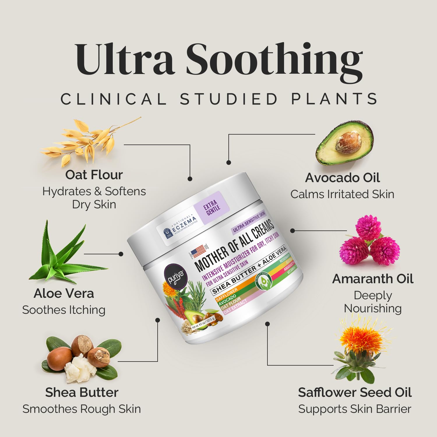 Puriya National Eczema Association Accepted Cream 4.5 oz, Dry Itchy Skin Relief, Colloidal Oatmeal Lotion, For Kids, Adults, Face, Hands, Mother of All Creams, Plant-Based Hydration,No Fragrance Added