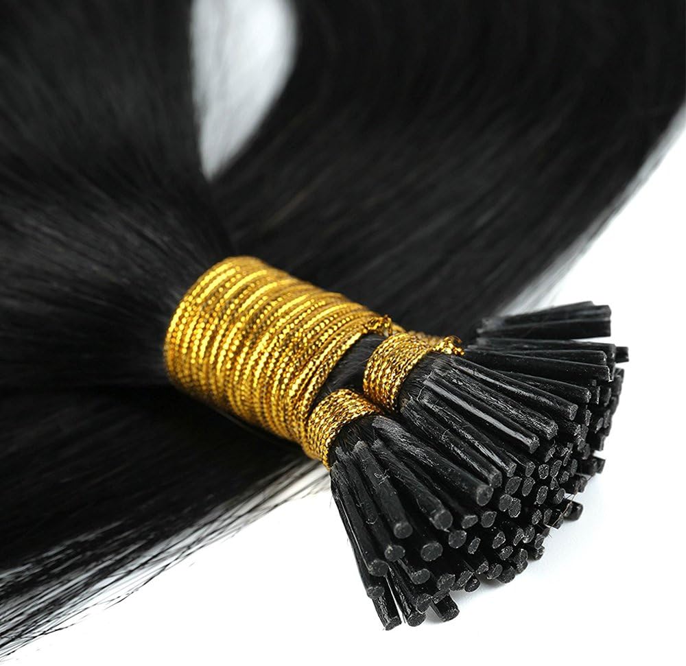 Elailite I Tip Hair Extensions 100 Strands Pre Bonded Stick Tip Keratin Real Remy Human Hair Extension Straight, #1 Jet Black - Image 3