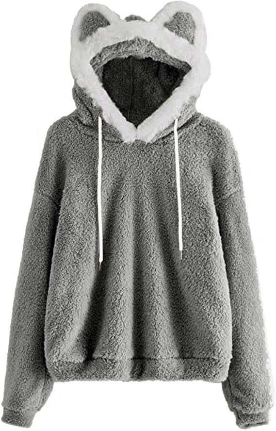 パーカー レディース 熊耳 もこもこ トップス 秋冬 長袖 ハイネック トレーナー 厚手 プルオーバー オーバーサイズ アウター 無地 大きいサイズ レディース 通販 Amazon