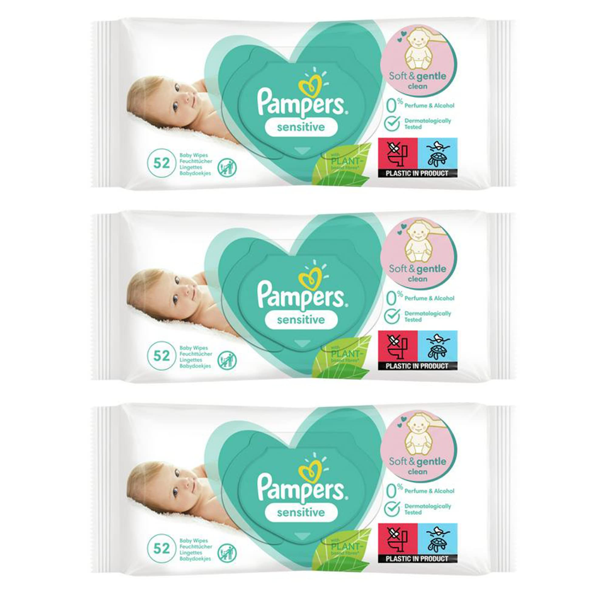 156-624 x BABY Wet Wipes PAMPER'S SENSITIVE Soft Gentle FRESH Babies No Fragrance Unscented Newborn Nappy Changing Skin Protection Clean Safe 52 Pcs Pack UK FREE P&P (3x PAMPERS PACKS (156 Wipes))