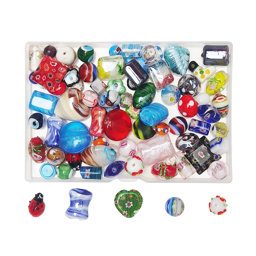 Chenkou Craft 50PCS Assorted Glass Beads for Jewelry Making Adults, Big and Small Bulk for Crafts Lampwork Murano Bead Bracelets and Necklaces Crafting Supplies + 1pc Plastic Box (Mix)