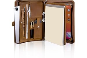 AZXCG Premium Genuine Leather Vintage Portfolio Organizer, Business Resume Zippered Padfolio Folder for A4 Letter Size Notebook, Tablet Padfolio Compatible with iPad 12.9", Unisex Gift, Brown