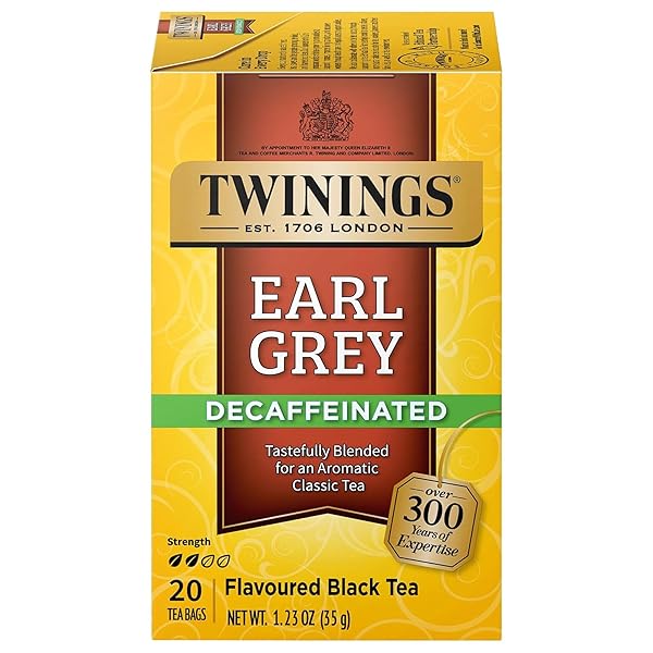 TWININGS DECAFFEINATED EARL GREY BLACK TEA INDIVIDUALLY WRAPPED BAGS, 20 COUNT (PACK OF 1), FLAVOURED WITH CITRUS AND BERGAMOT, ENJOY HOT OR ICED, 20 TEABAGS