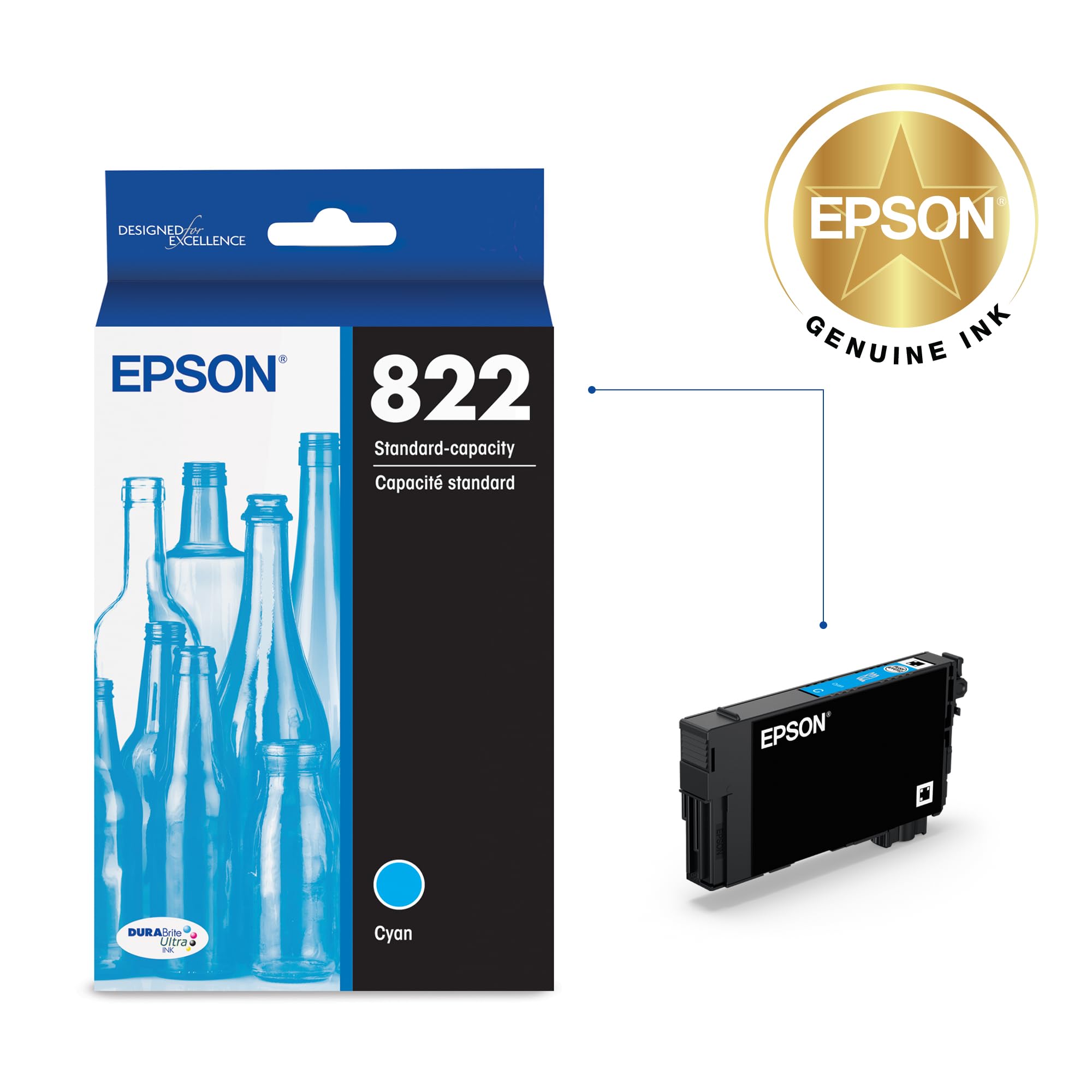 EPSON 822 DURABrite Ultra Ink Standard Capacity Cyan Cartridge (T822220-S) Works with WorkForce Pro WF-3820, WF-3823, WF-4820, WF-4830, WF-4833, WF-4834