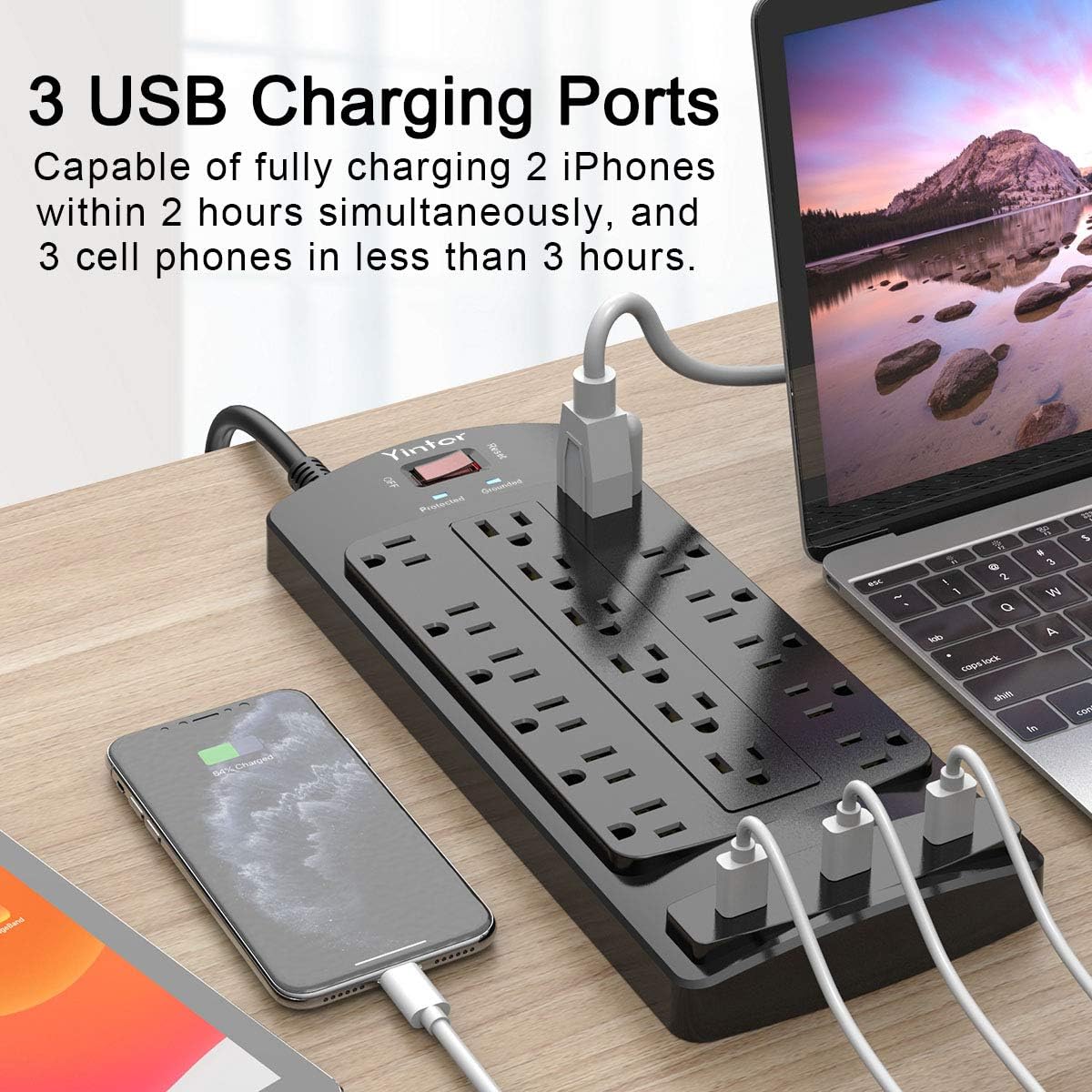 Yintar Power Strip with 8 Ft, Surge Protector with 18 AC Outlets and 3 USB Ports, 8 Feet Extension Cord (1875W/15A) for for Home, Office, Dorm Essentials, 2100 Joules, ETL Listed, Black: Electronics