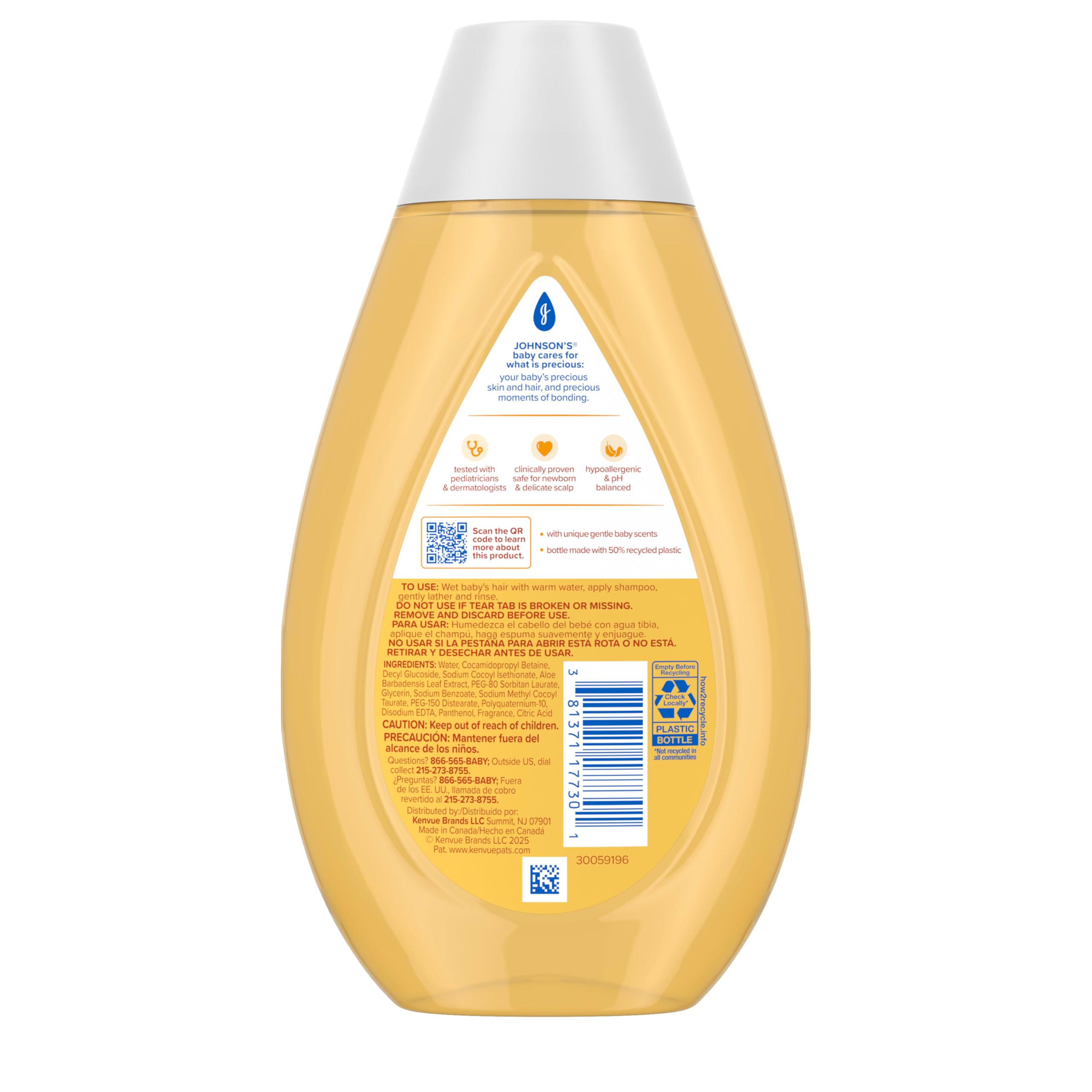 Johnson's Baby Shampoo with Aloe Vera & Vitamin B5, Tear Free, Newborn Essentials, No added Parabens & Sulfates, Hypoallergenic, 13.6 fl. oz