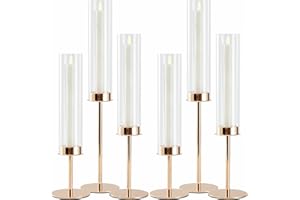 Denique Gold Candle Holders Set of 6, Hurricane Glass Taper Candle Holders, Gold Candlesticks Holders for Table Centerpiece, Wedding, Dining, Party Christmas Decoration