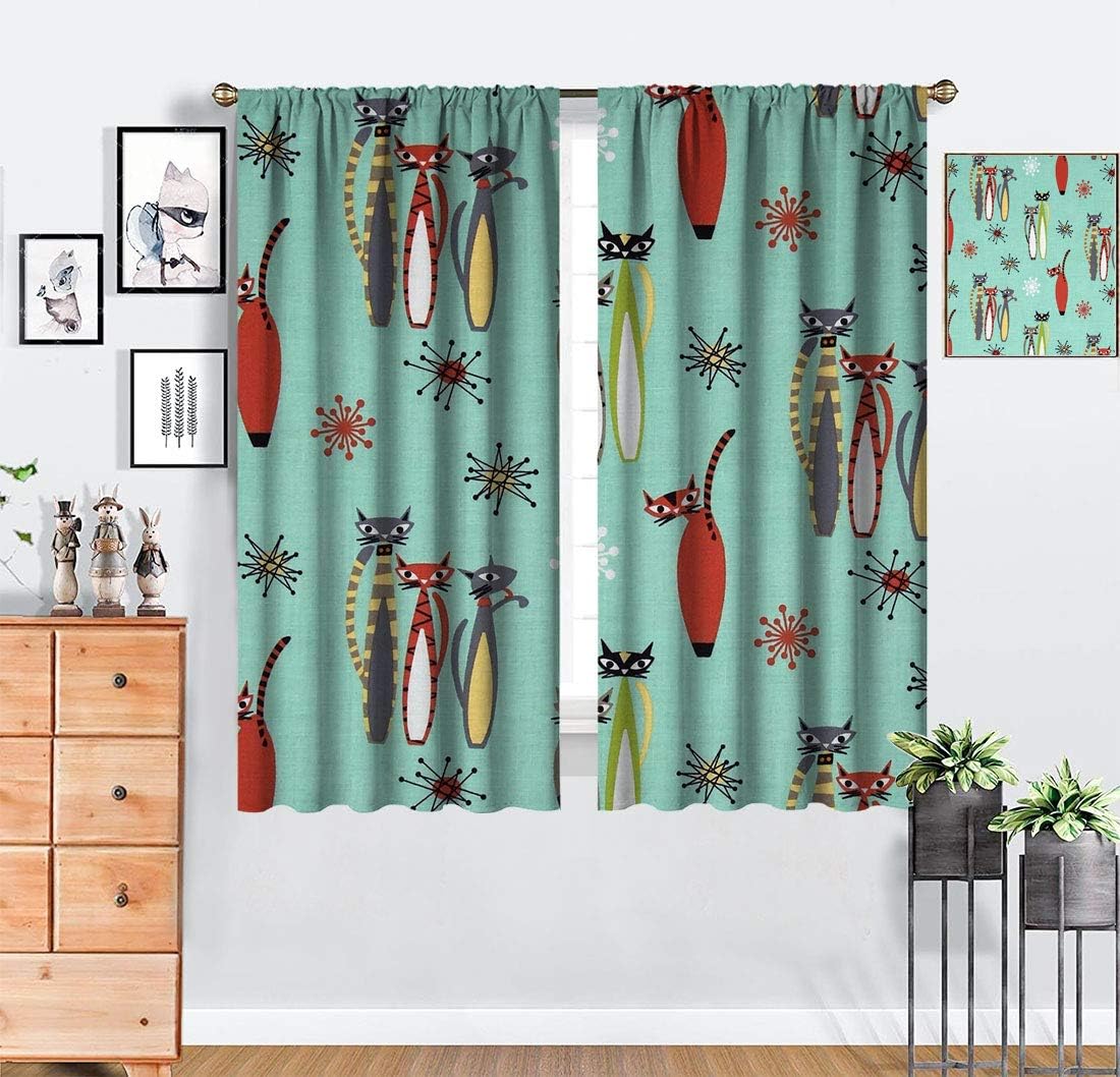Cat Blackout Curtain Panels, Creepy Cat Atomic Retro Fabric