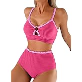 Herseas Women's Textured Bikini Sets O Ring Swimsuits Whip Stitch High Waisted Bathing Suits 2026 Summer Beach Wear