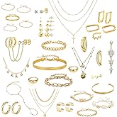 Gold Jewelry Set for Women,18K Gold Plated Jewelry Set with 9 Necklace, 9 Bracelet, 25 Ear Cuffs Earring, 5 Ankle Bracelets ,2 Rings and 3 Belly Button rings for Women Valentine Anniversary Birthday Gifts