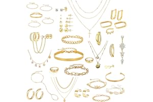 YLZDPDM Gold Jewelry Set for Women,18K Gold Plated Jewelry Set with 9 Necklace, 9 Bracelet, 25 Ear Cuffs Earring, 5 Ankle Bracelets ,2 Rings and 3 Belly Button rings for Women Valentine Anniversary Birthday Gifts