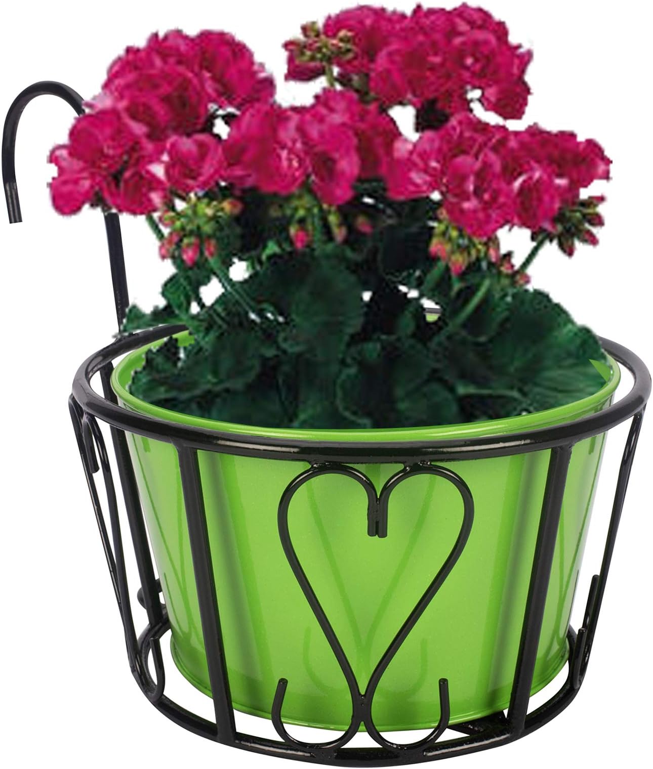 Nuha Metal Railing Round Basket, Black, Basket Size - Top diameter 23 cm, Height - 12.5 cm, and Height with handle 25.3 cm, Pot Size - 8 Inch, 1 Piece