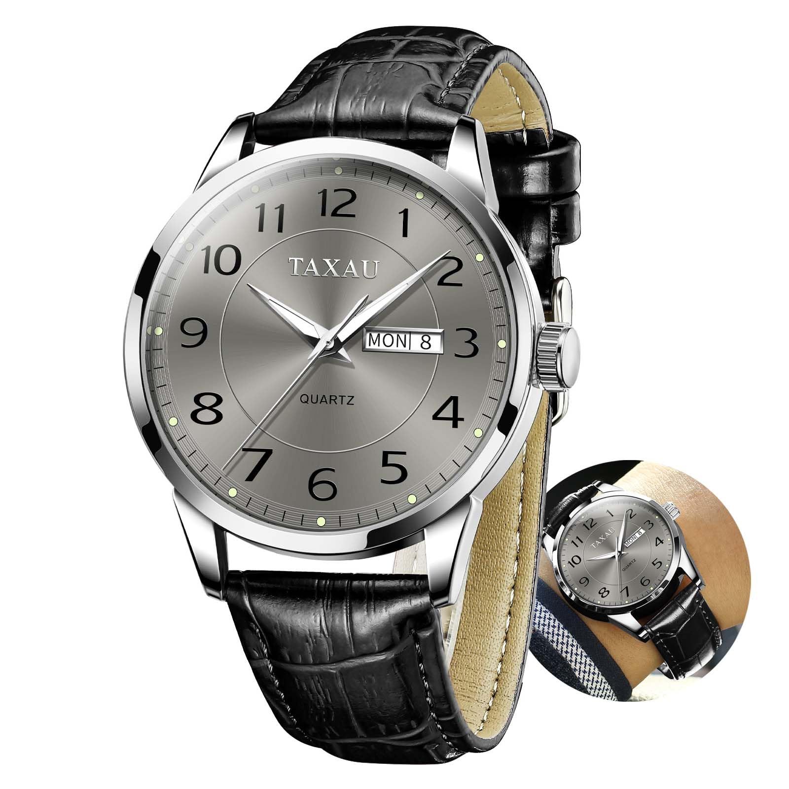 Taxau Classic Leather Watches for Men Analogue Quartz Big Dial Luxury Wrist Watches Waterproof Luminous Day Date Reloj Para Hombre