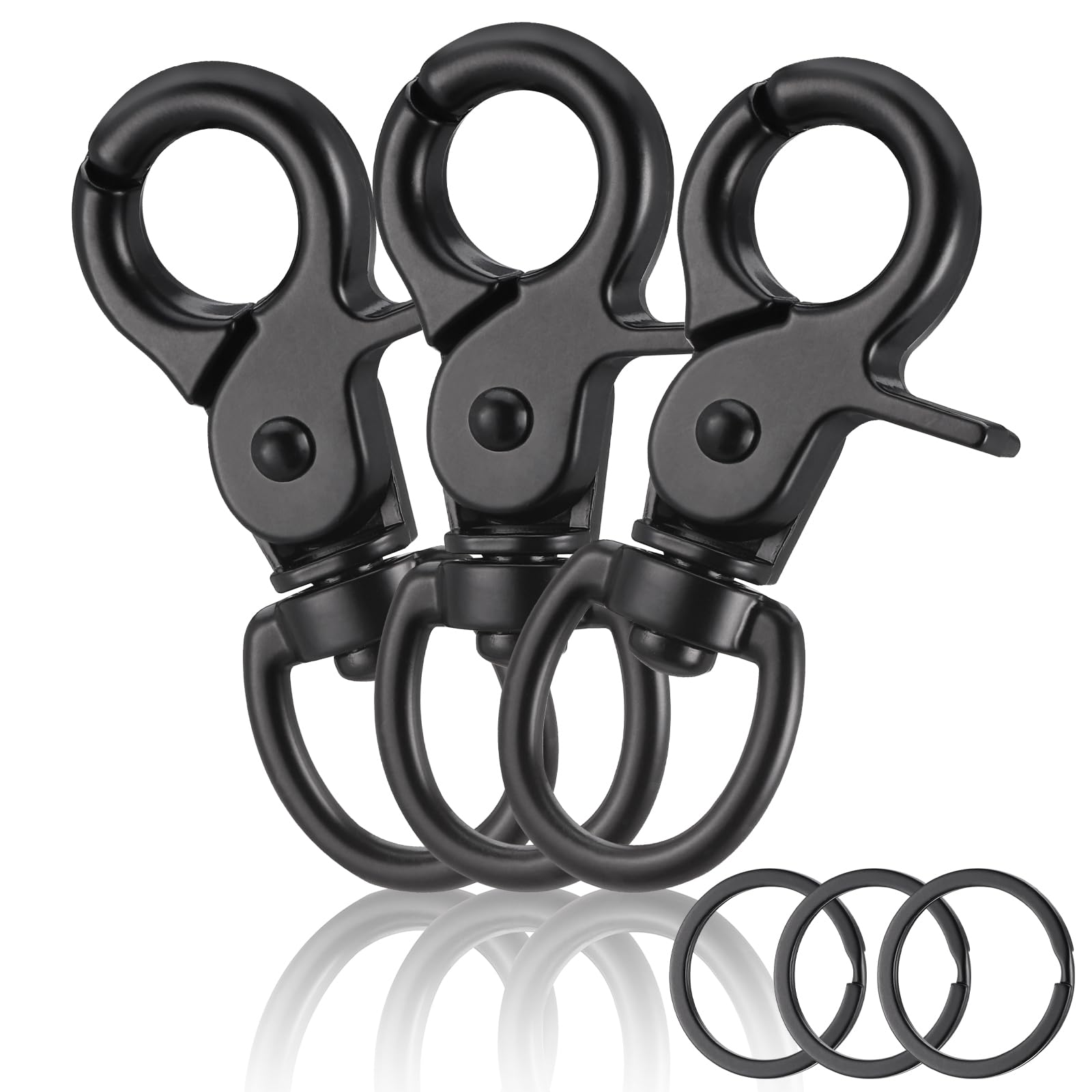 3Pcs Dog Lead Clips, 360° Swivel Snap Hook with Key Ring, Zinc Alloy Heavy Duty Dog Lead Hook, Black Lobster Clasps Snap Hook for Dog Leashes Flagpole Lanyard Keys