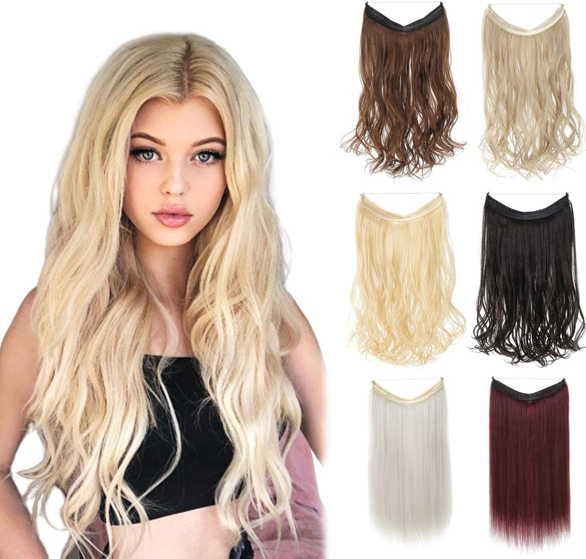 XBwig Synthetic Hair Extensions 18 20 22 inches Straight Curly No Clips In Secret Invisible Wire Crown Wavy Hairpieces 100g(18" Light Ash Blonde)