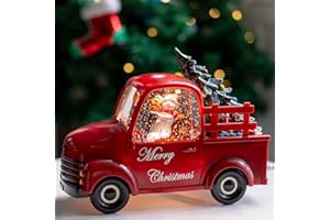 QUALDOUT Christmas Snow Water Lantern Glittering Snowman and Pup in Red Truck with Christmas Tree & Gift, USB Lined/Battery Operated Lighted Spinning Lantern for Christmas Festival Decoration Gifts