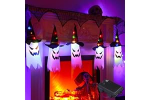 CUNGLIN Halloween Decorations Outdoor Hanging Ghosts with Witch Hats, Halloween Decor Indoor 5 Pack Lighted Ghost, Led Colorful String Lights Waterproof Battery for Home Porch Yard Garden Outside