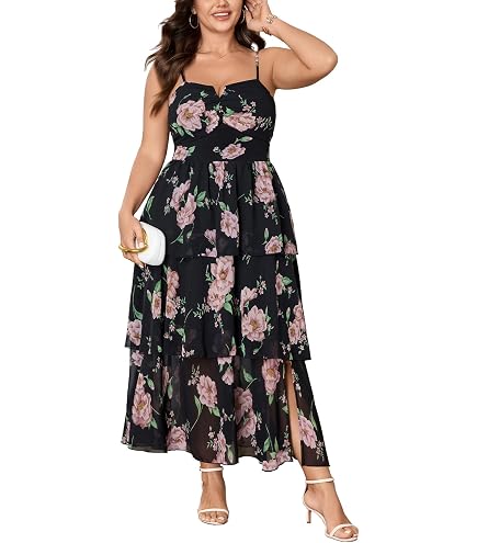 SHESTARR Womens Plus Size Wedding Guest Floral Maxi Dress Black