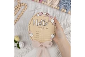 ONNIBE Baby Announcement Sign with Stand & Marker – Hello World Wooden Name Plaque for Newborn Photoshoot, Baby Shower, Rustic Keepsake Birth Stat Sign for Hospital Birth Announcement (Light pink ribbon)