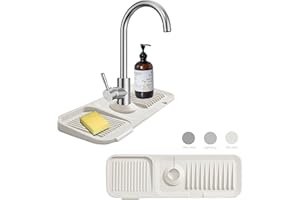 MOODKEY Kitchen Sink Splash Guard Sponge Holder for Kitchen Sink Silicone Faucet Handle Drip Catcher Tray Sink Protector for Kitchen Sink Faucet Mat Fits the Faucet Tube within 2.5"(Off-white, 17.7'')