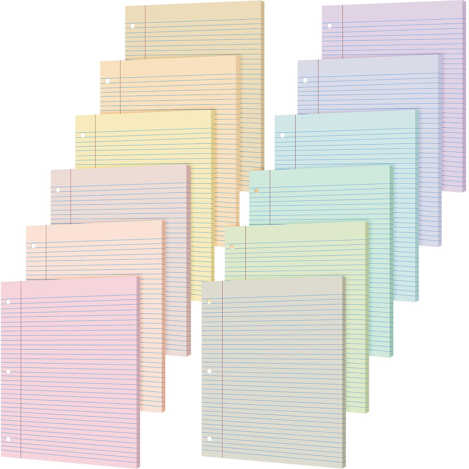Photo 1 of PerKoop 12 Pack 600 Sheets Colored Lined Paper Bulk Wide Ruled 8 x 10.5 Inches, Pastel Loose Leaf Notebook Paper 3 Hole Punched Filler for Back School Classroom Supplies(Light Color)