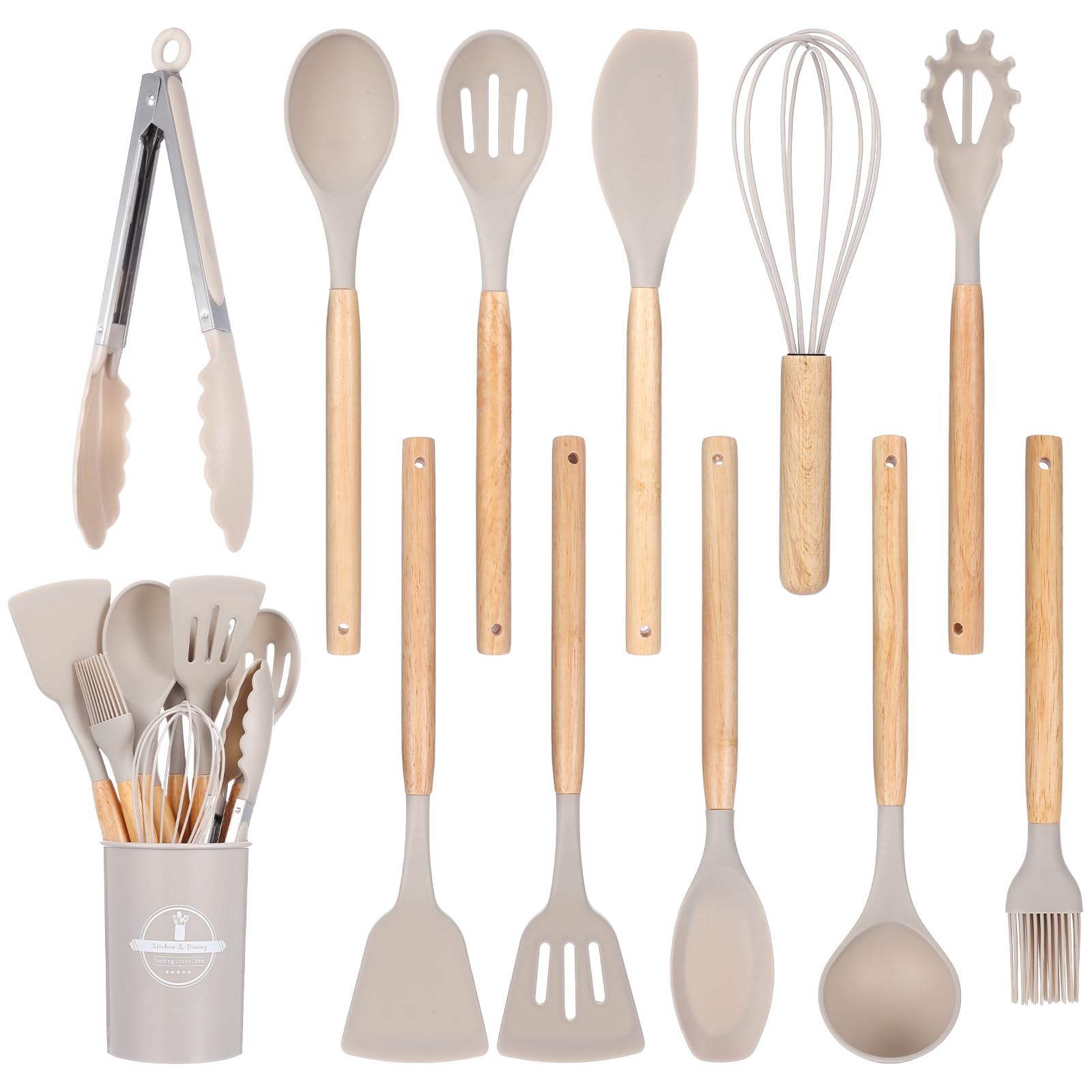 Photo 1 of 12 Pcs Kitchen Utensils Set, 446°F Heat Resistant Silicone Cooking Utensils Set, Non-Toxic Wooden Utensil Set, Kitchen Gadgets Tools Set for Nonstick Cookware, Kitchen Accessories, Khaki