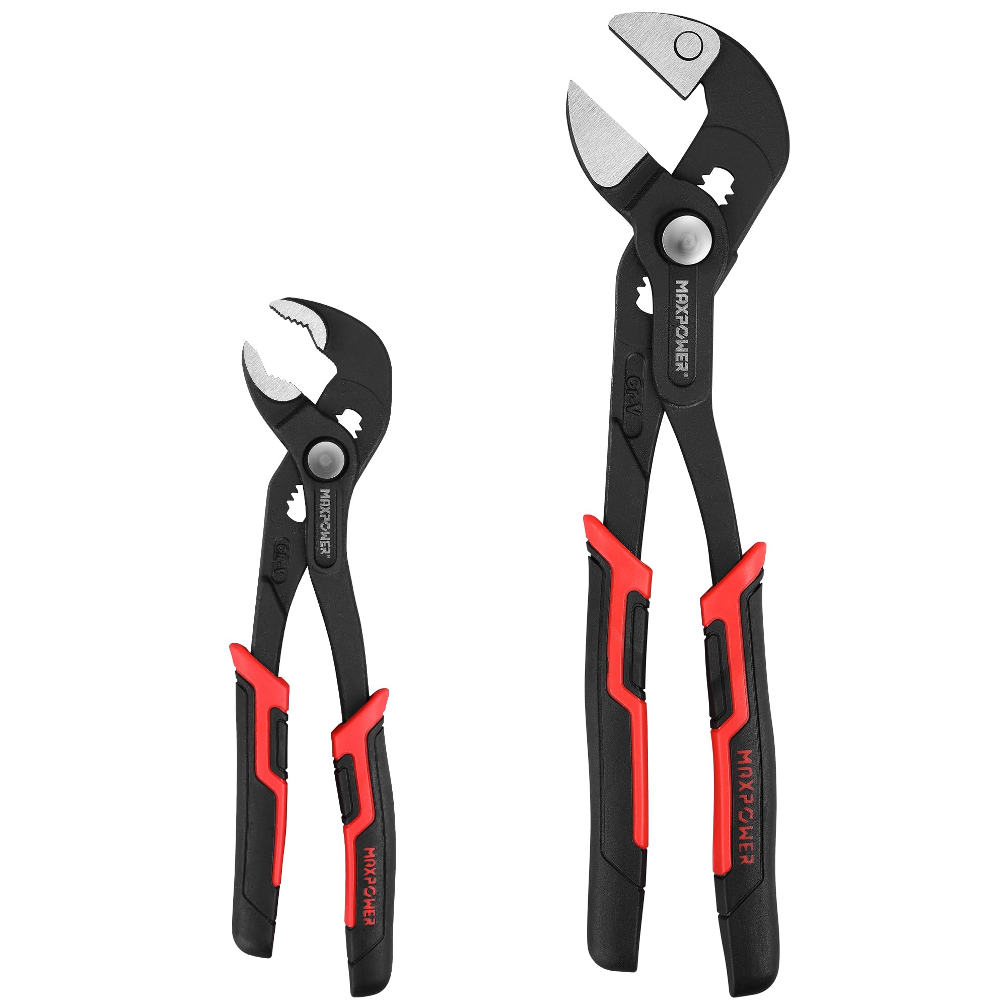 Slip Joint Pliers Set, MAXPOWER 200mm Water Pump Pliers with 25mm Serrated Jaw & 250mm Pliers Wrench with 32mm Flat Jaw - Pack of 2 Tongue-and-Groove Pliers Set for Plumber