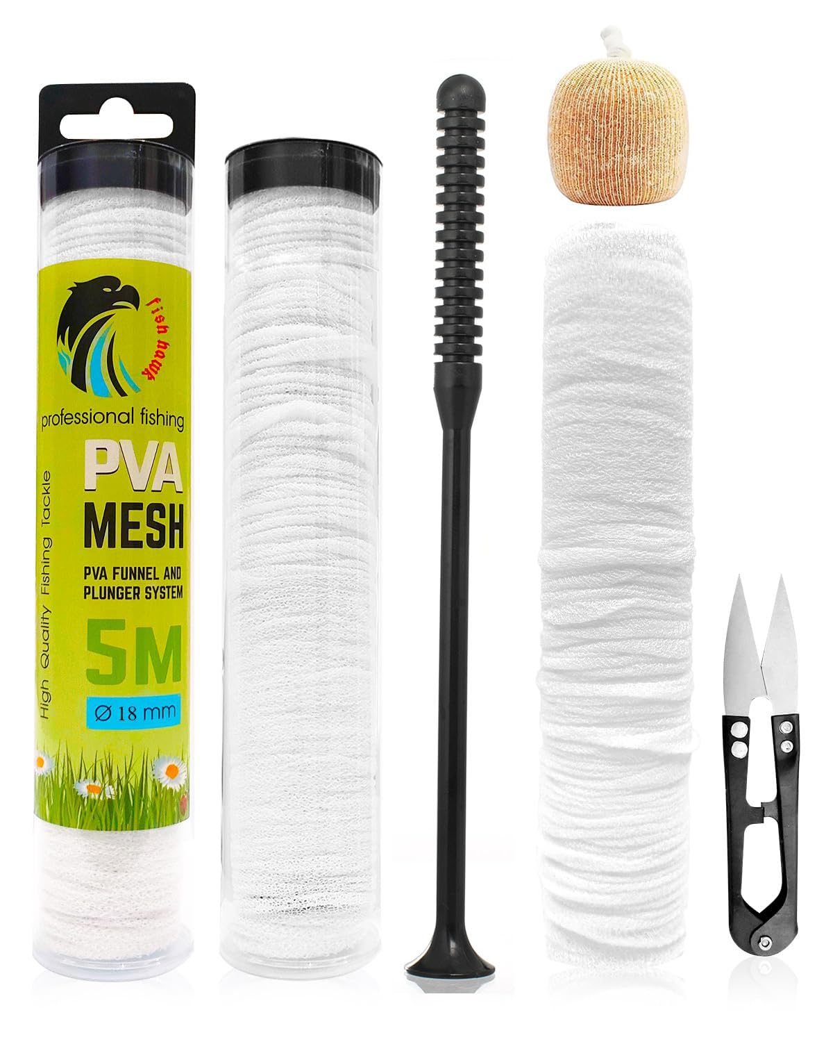 5M PVA Mesh Kit with Scissors 18mm Wide, PVA Mesh Carp Fishing Refill Fast Melt Bag Accessories with Funnel & Plunger System Bags Water Soluble for Boilie Bait Precise Feeding